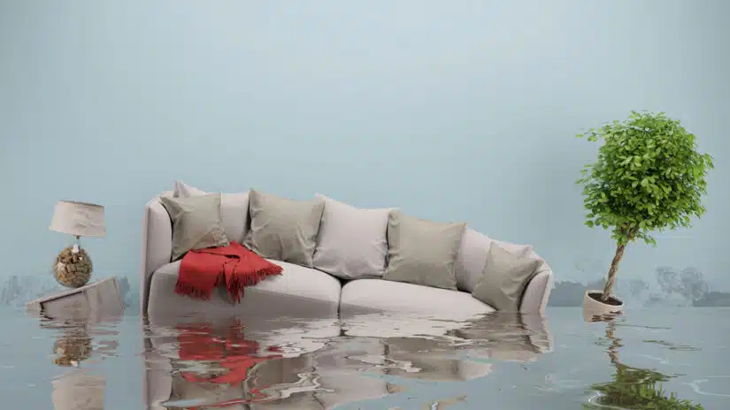 Water,Damager,After,Flooding,In,House,With,Furniture,Floating,(3d