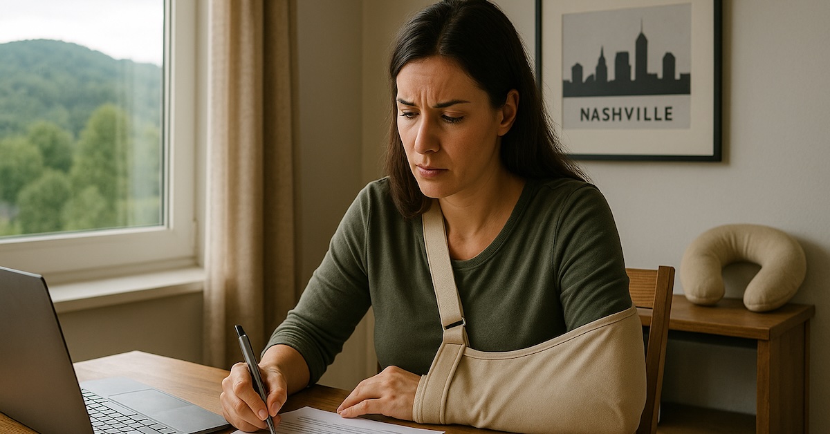 Woman with injured arm filling out car accident claim. | Bernheim Kelley Injury Lawyers